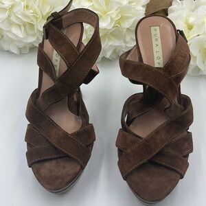 Pura Lopez ankle strap high heel suede sandals brown size 37